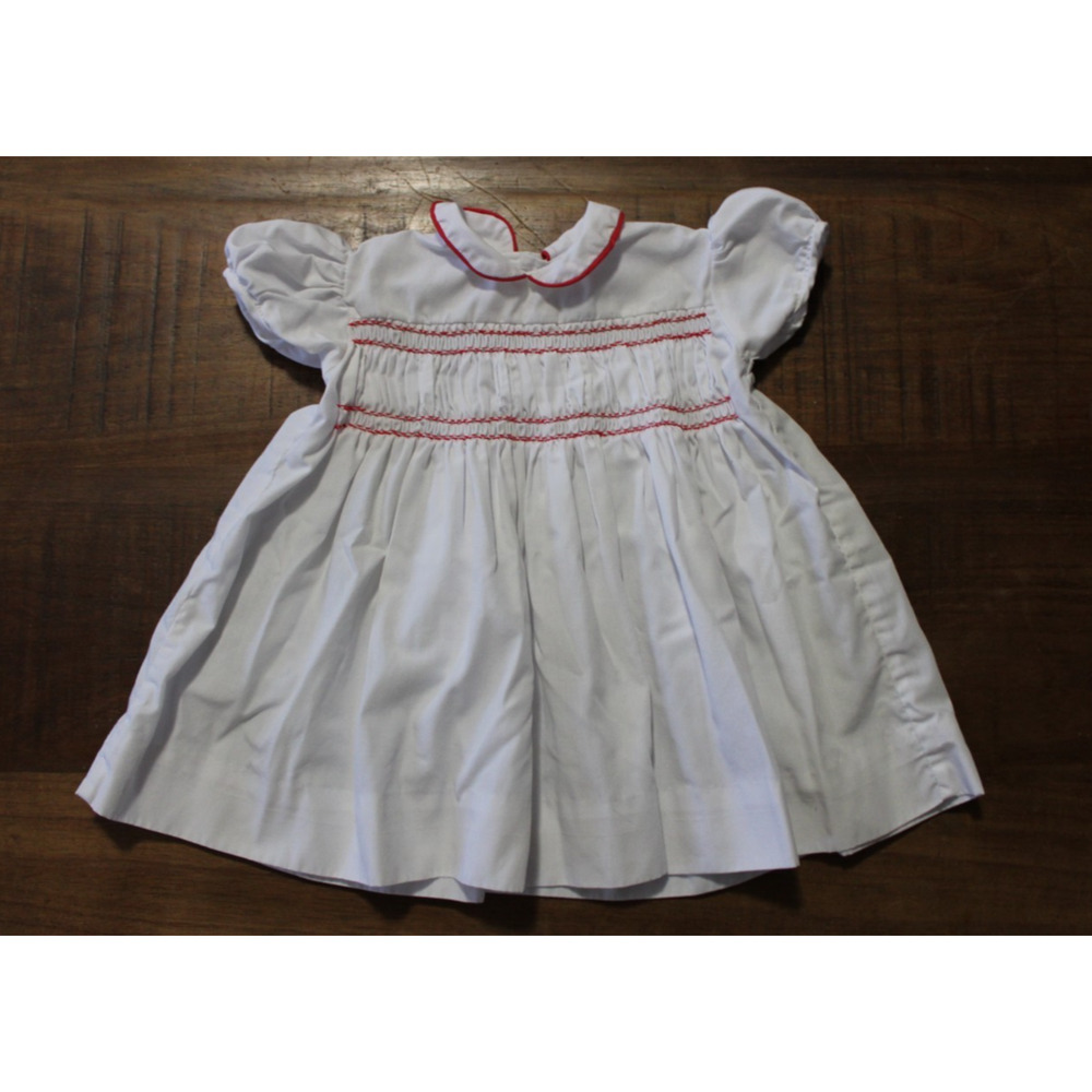 Vintage Imperial Hand Smocked White & Red Dress Missing Ribbon 12 mo